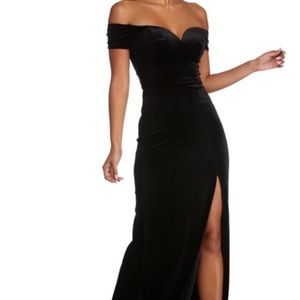 Black long velvet off the shoulder dress